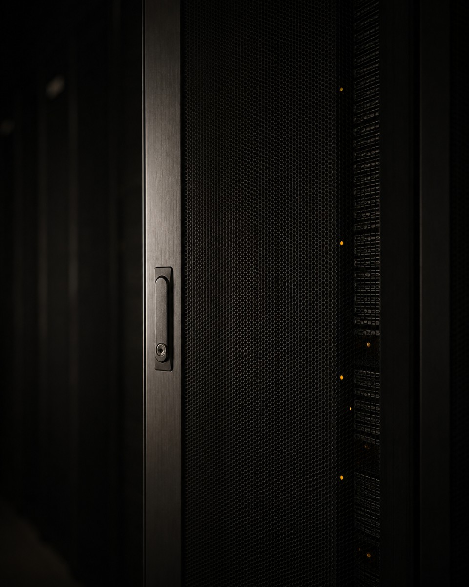 A locked, perforated server cabinet door in a dark data hall, amber status lights visible through the mesh