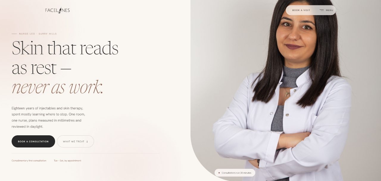 Facelines Clinic website home page: a warm palette with a serif headline beside a single portrait