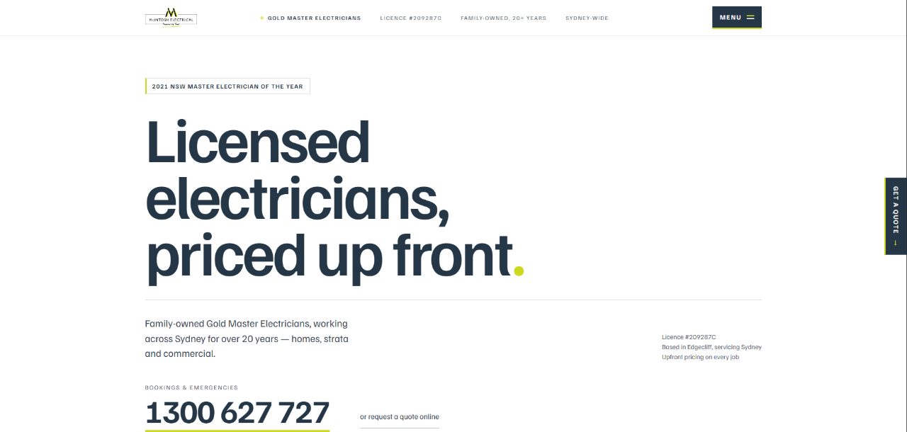 McIntosh Electrical website home page: a type-led hero with licence details and the bookings number