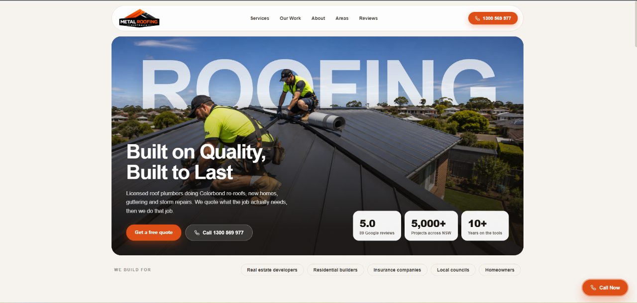 Metal Roofing Australia website home page: job photography in a rounded panel with the quote route beside the phone number