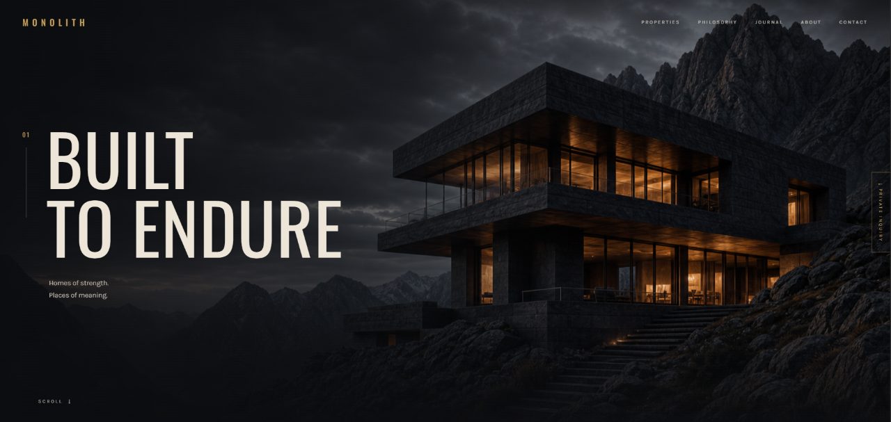 Monolith website home page: a full-bleed architectural photograph behind a two-word headline